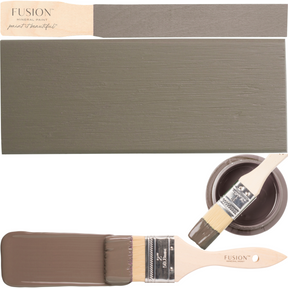 Fusion Mineral Paint brush, painted board, and open Wood Wick Fusion Mineral Paint can with brush inside.