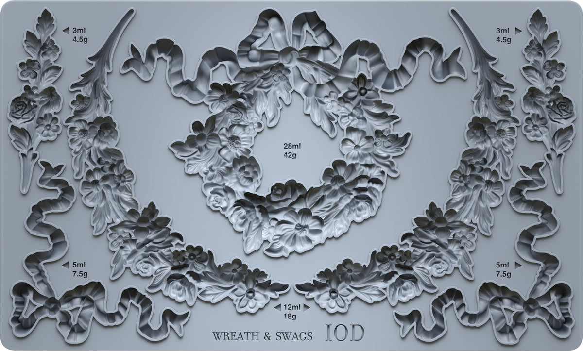 I.O.D. Wreath & Swags Mould in food-safe silicone, floral design with section volume and weight labels.