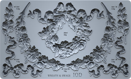 I.O.D. Wreath & Swags Mould in food-safe silicone, floral design with section volume and weight labels.