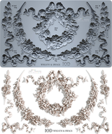 I.O.D. Wreath & Swags Mould by Iron Orchid Designs, shown with labeled mold and decoration weights and volumes.