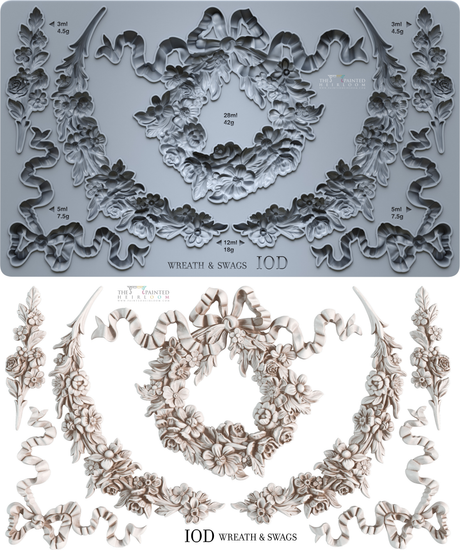 I.O.D. Wreath & Swags Mould by Iron Orchid Designs, shown with labeled mold and decoration weights and volumes.