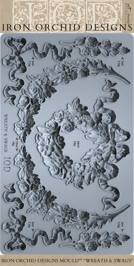 I.O.D. Wreath & Swags Mould, food-safe silicone, features raised wreath patterns by Iron Orchid Designs.