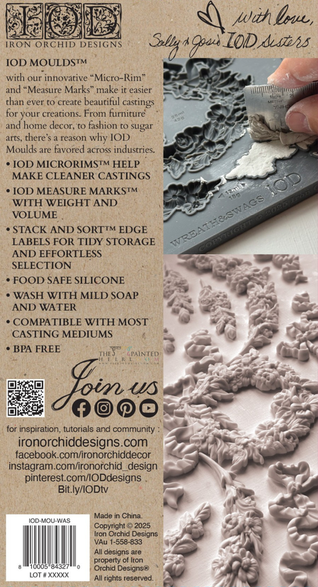 Hand pressing I.O.D. Wreath & Swags Mould onto surface with ornate floral patterns visible nearby.