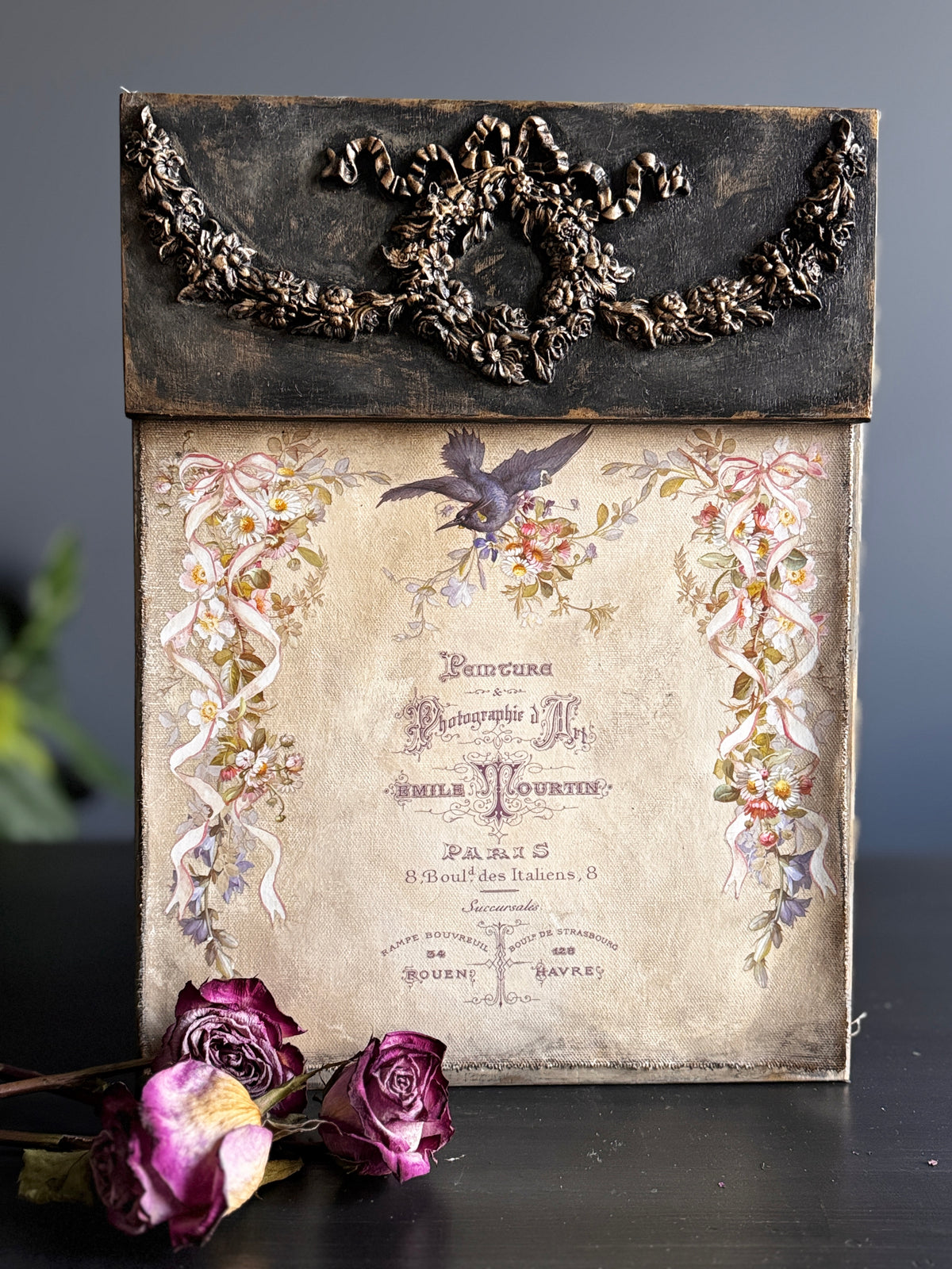 Wreath & Swags Mould by I.O.D. with vintage box, florals, French text, bird, wilted roses, and ornament mould.