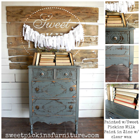 Chest in Old Fashioned Milk Paint’s Zinc holding books, with “Sweet” in cursive on wall behind.