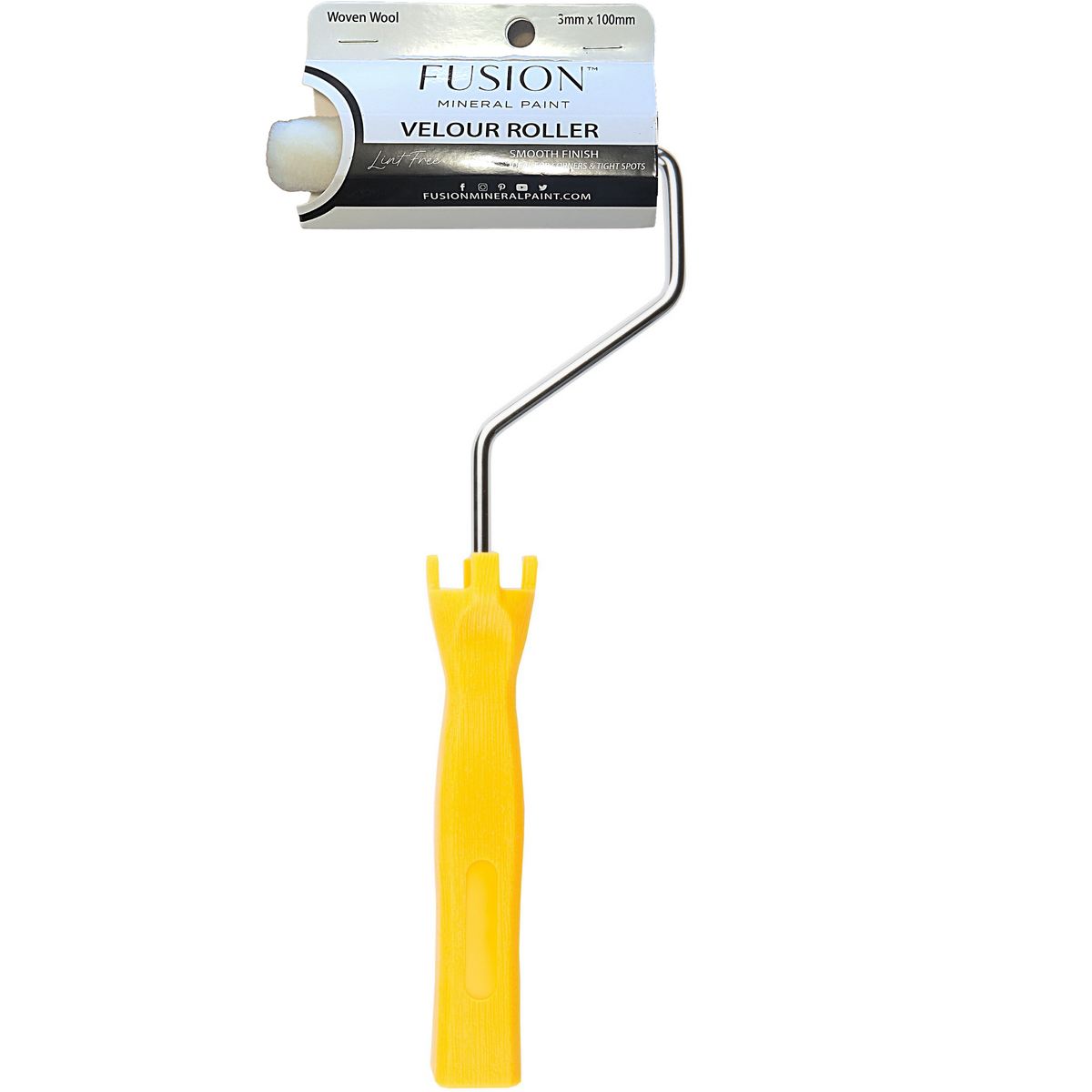 Fusion Mineral Paint 4″ Velour Roller with lint-free white head and yellow handle in frame.