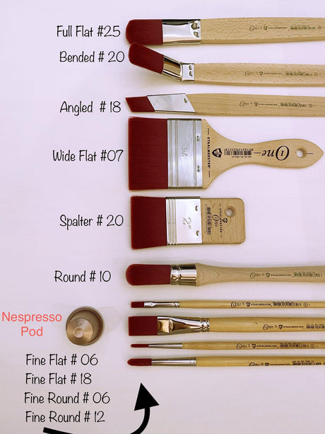 Nine brushes, including Staalmeester ONE Series 1040 Angled Fitch, and a metal Nespresso pod arranged together.