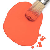 Paintbrush on Fusion Mineral Paint Aperol Spritz Milk Paint, with small paint drops on a white surface.