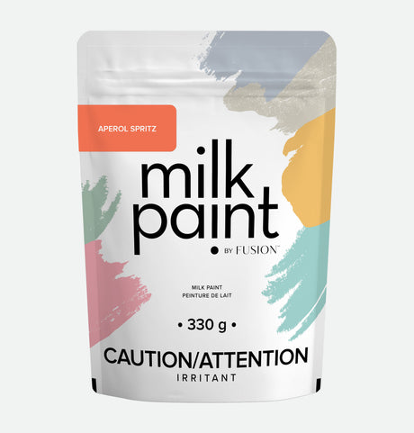 330g Fusion Mineral Paint Aperol Spritz Milk Paint pouch with irritant warning.