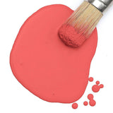 Brush resting in Casa Rosa Milk Paint by Fusion Mineral Paint, with pink paint splatters on a white surface.