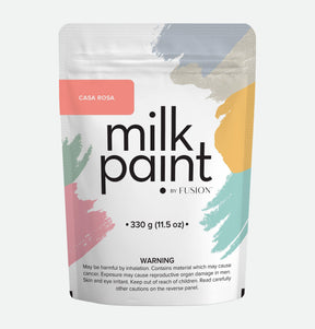 330g Fusion Mineral Paint Casa Rosa Milk Paint pouch with pastel brushstrokes and health hazard warning.