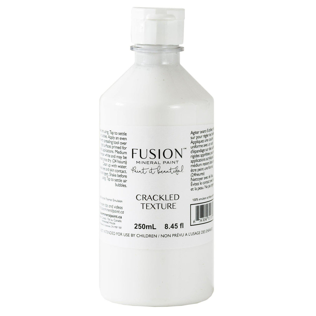 250ml Crackled Texture by Fusion Mineral Paint bottle with white label and black text.