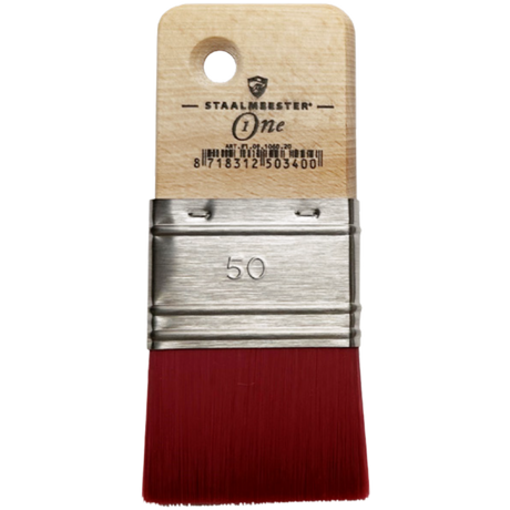 Staalmeester ONE Series 1060 spalter paintbrush, flat red bristles, size 50, wooden handle with logo and barcode.