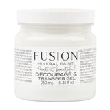 Fusion Mineral Paint Decoupage & Transfer Gel in a white jar.