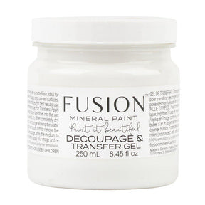 Fusion Mineral Paint Decoupage & Transfer Gel in a white jar.