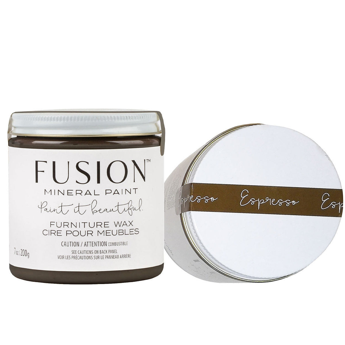 Two Fusion Mineral Paint Espresso Furniture Wax jars, one labeled, one showing the lid.