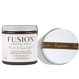 Two Fusion Mineral Paint Espresso Furniture Wax jars, one labeled, one showing the lid.