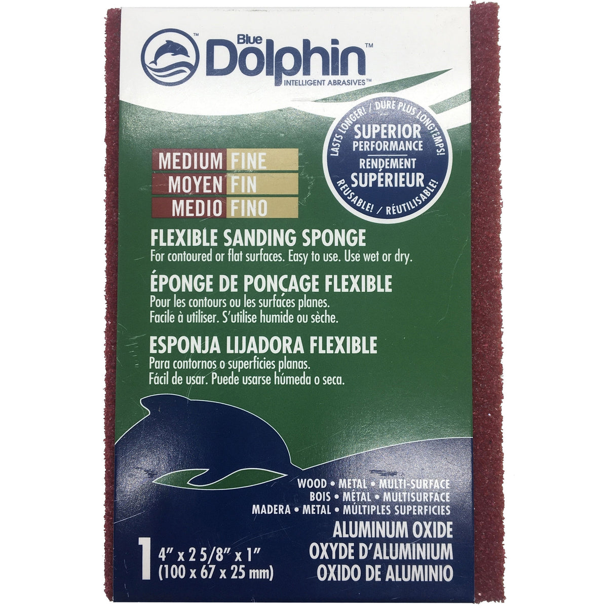Fusion Mineral Paint Flexible Sanding Sponge, red abrasive, trilingual label, suitable for drywall.