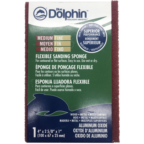 Fusion Mineral Paint Flexible Sanding Sponge, red abrasive, trilingual label, suitable for drywall.