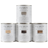 Fusion Mineral Paint Gel Stain & Top Coat in Patina, Greystone, Black, and Double Espresso shown together.