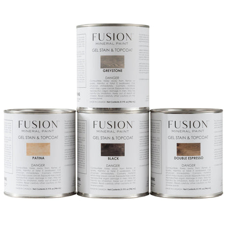 Fusion Mineral Paint Gel Stain & Top Coat in Patina, Greystone, Black, and Double Espresso shown together.