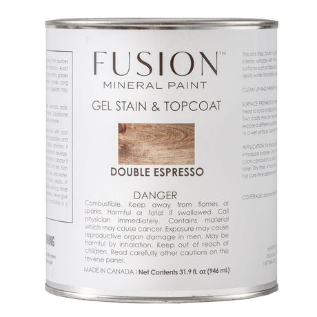 Fusion Mineral Paint Gel Stain & Top Coat All In One can in Double Espresso with labeled front and protective seal.