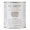 Fusion Mineral Paint Gel Stain & Top Coat Greystone can with stain, topcoat, and safety information on label.