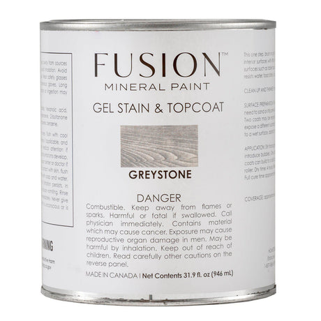 Fusion Mineral Paint Gel Stain & Top Coat Greystone can with stain, topcoat, and safety information on label.