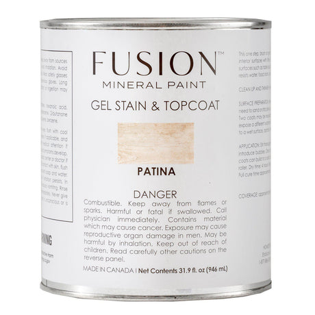 Fusion Mineral Paint Gel Stain & Top Coat Patina can with protective coating instructions on the label.
