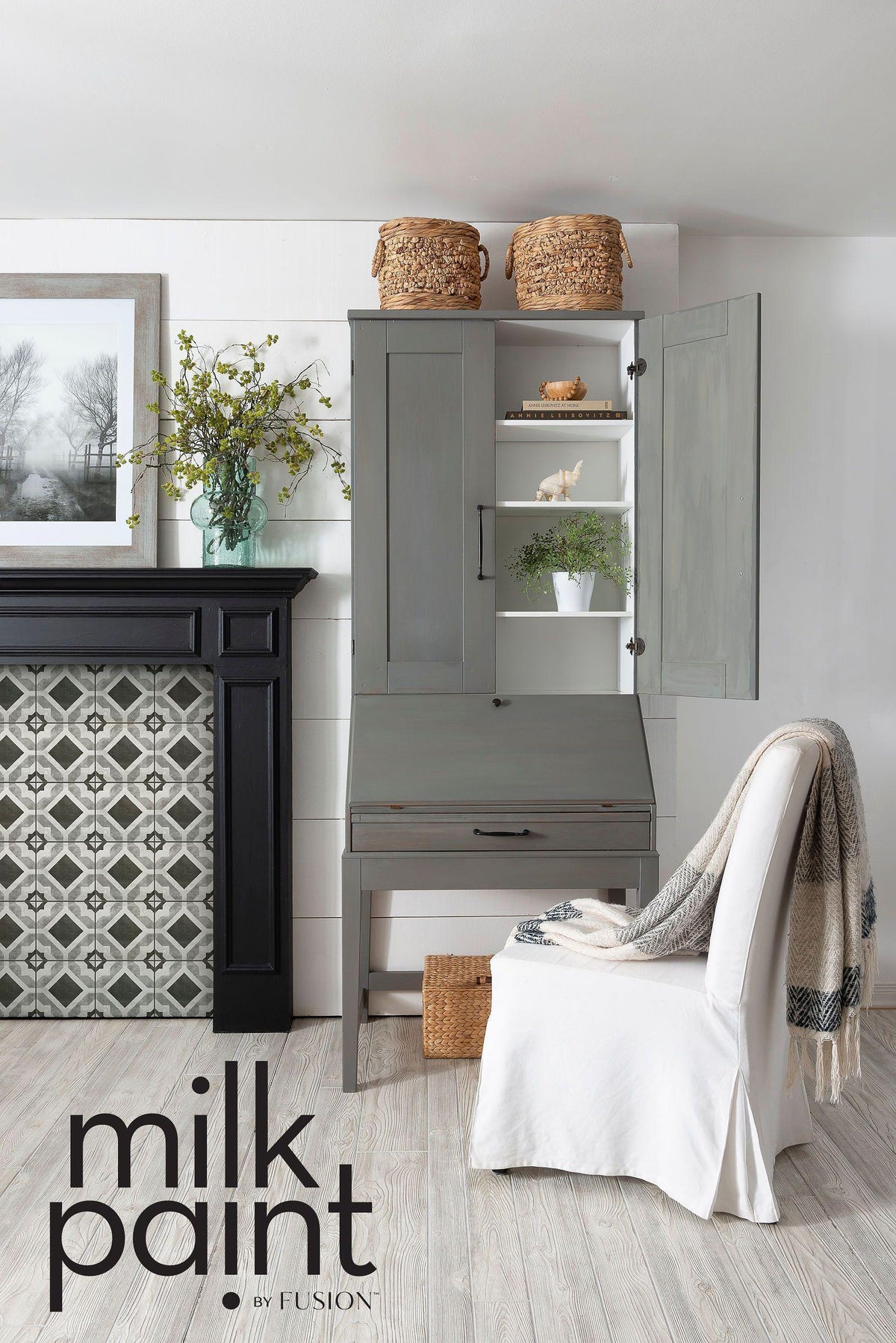 Gray hutch with baskets, plants, and decor; Fusion Mineral Paint Gotham Grey Milk Paint shown below.
