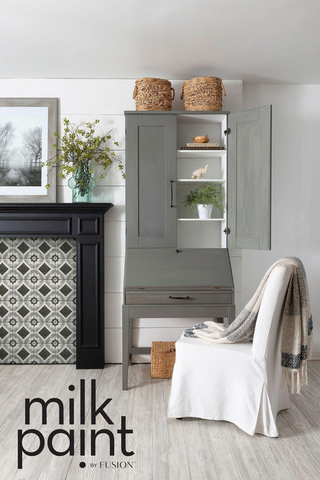 Gray hutch with baskets, plants, and decor; Fusion Mineral Paint Gotham Grey Milk Paint shown below.