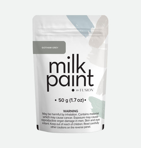 Fusion Mineral Paint Gotham Grey Milk Paint 50g pouch with health and inhalation warnings on the front.