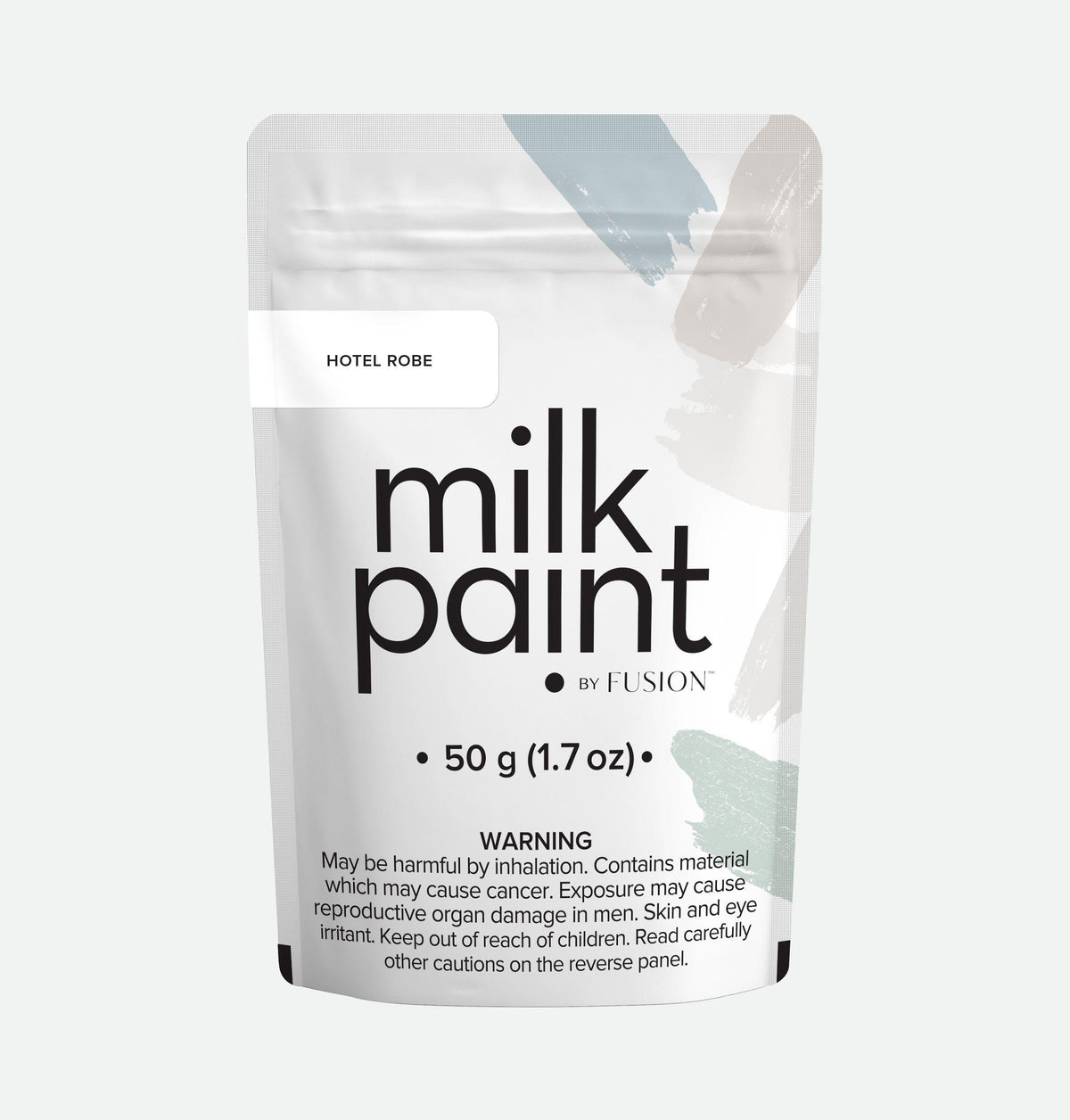 Fusion Mineral Paint Hotel Robe Milk Paint, 50g pouch, white, with safety warnings on front.