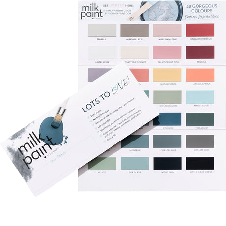 Fusion Mineral Paint Milk Paint True Color Card, color swatches, and blue paintbrush shown together.