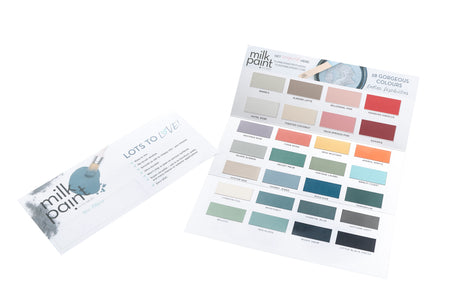 Fusion Mineral Paint Milk Paint True Color Card displaying 28 named shades with descriptions.