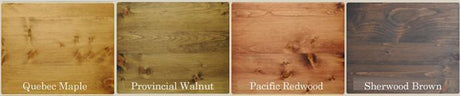Fusion Mineral Paint stain samples in Quebec Maple, Provincial Walnut, Pacific Redwood, and Sherwood Brown.