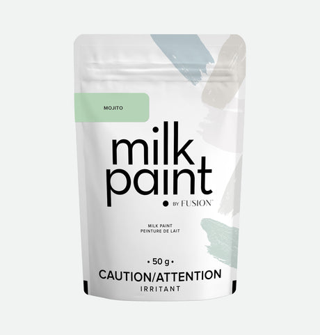 50g Fusion Mineral Paint Mojito Milk Paint pouch with caution and irritant warnings visible on packaging.