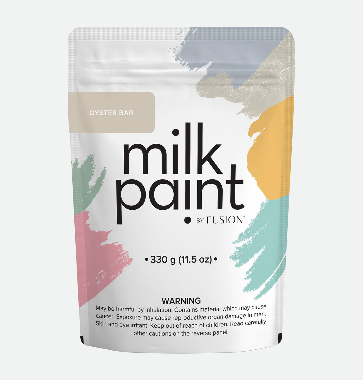 Fusion Mineral Paint Oyster Bar Milk Paint, 330g stand-up pouch with health risk warning at the bottom.