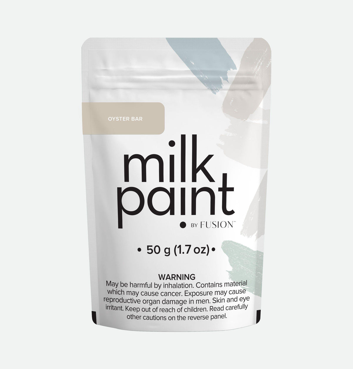 Fusion Mineral Paint Oyster Bar Milk Paint 50g pouch, soft beige shade, health warnings shown at bottom.
