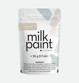Fusion Mineral Paint Oyster Bar Milk Paint 50g pouch, soft beige shade, health warnings shown at bottom.