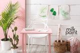 Pink desk painted in Fusion Mineral Paint Palm Springs Pink, shown with art supplies and plants.
