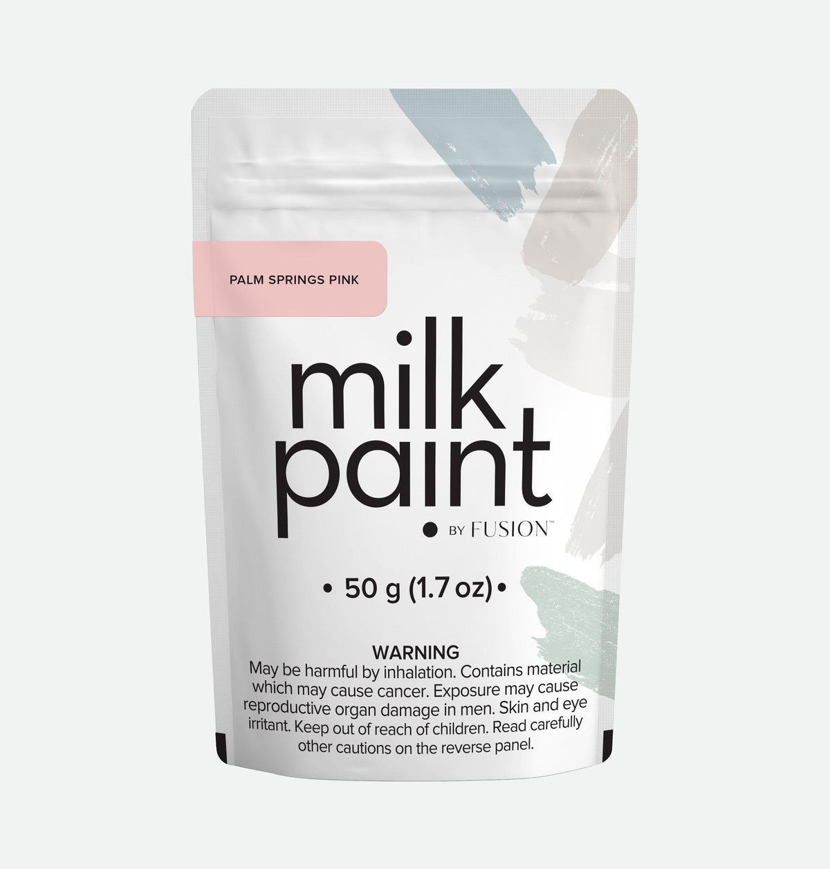 50g Palm Springs Pink Milk Paint by Fusion Mineral Paint with safety warnings printed on the front label.