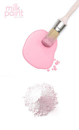 Palm Springs Pink Milk Paint by Fusion Mineral Paint with brush, pink puddle, and powder on white background.