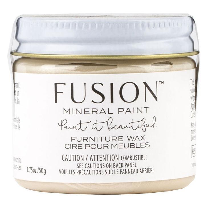 Fusion Mineral Paint Pearl Metallic Furniture Wax, 1.75oz jar with white label, black text, and lid slightly open.