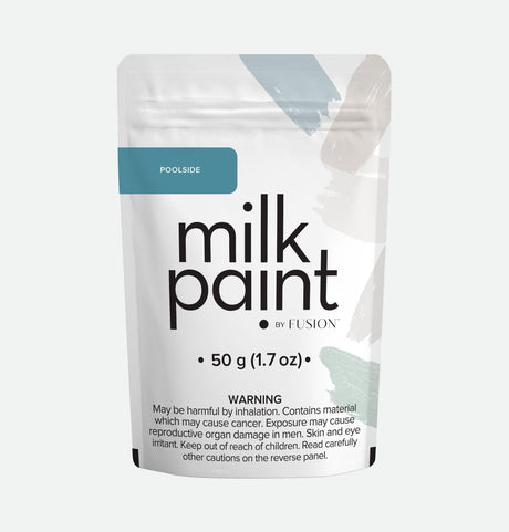 Fusion Mineral Paint Poolside Milk Paint 50g pouch with warnings and blue, green, beige paint strokes on packaging.