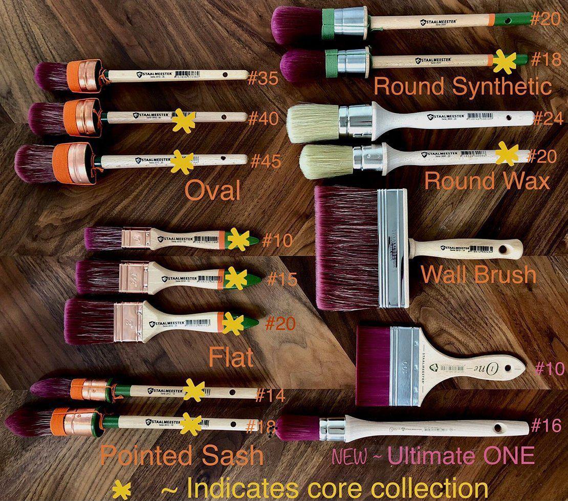 Staalmeester Series 3600 Round Wax Brush alongside Oval, Flat, and Pointed Sash brushes.