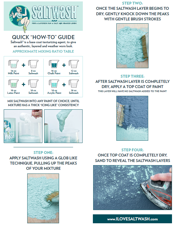 Saltwash Paint Additive Powder shown with step-by-step weathered finish guide and application instruction images.