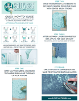 Saltwash Paint Additive Powder shown with step-by-step weathered finish guide and application instruction images.