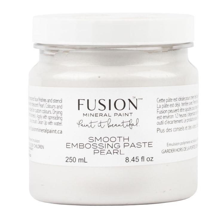 Fusion Mineral Paint Smooth Embossing Paste - Pearl, 250 mL jar with labeled product details visible on container.