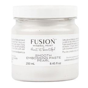 Fusion Mineral Paint Smooth Embossing Paste - Pearl, 250 mL jar with labeled product details visible on container.